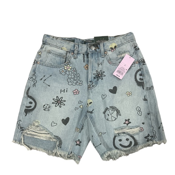 Wild Fable Womens High-Rise Wide Leg Bermuda Doodle Print Jean Shorts - Picture 2 of 10
